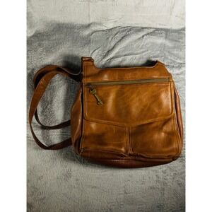 Boho Fossil Brown Leather Crossbody Bag Vintage‎ Style Pockets Flap Zip Detail